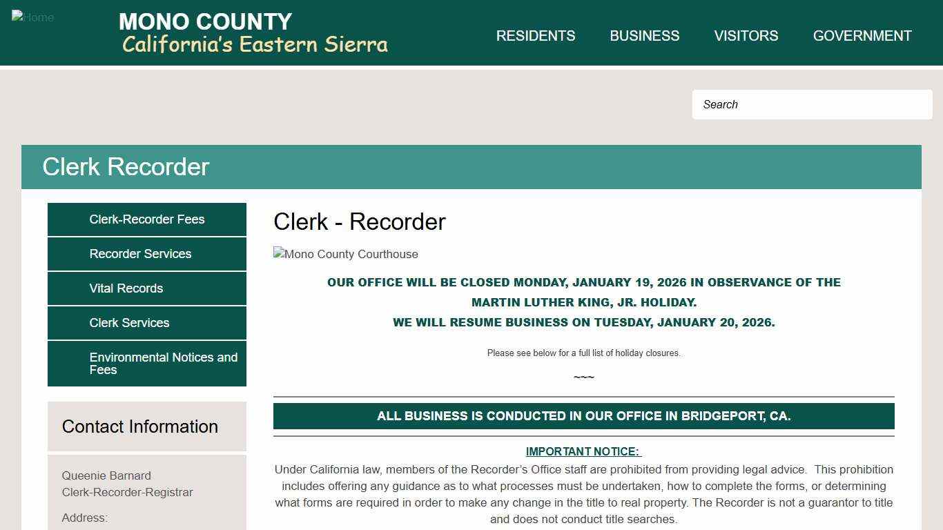 Clerk - Recorder Mono County California